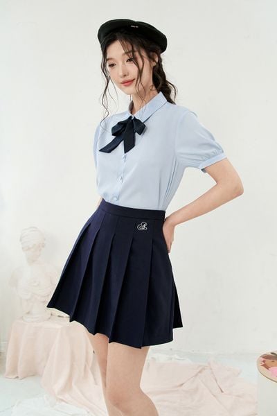 Chân váy midi tuytsy navy xếp ly thêu cạp