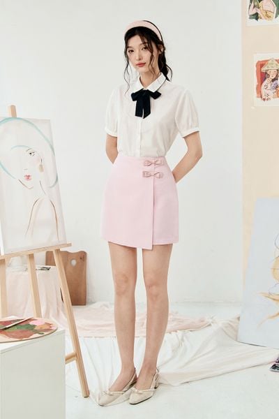 Sơ mi basic thô lụa trắng kem buộc nơ cổ