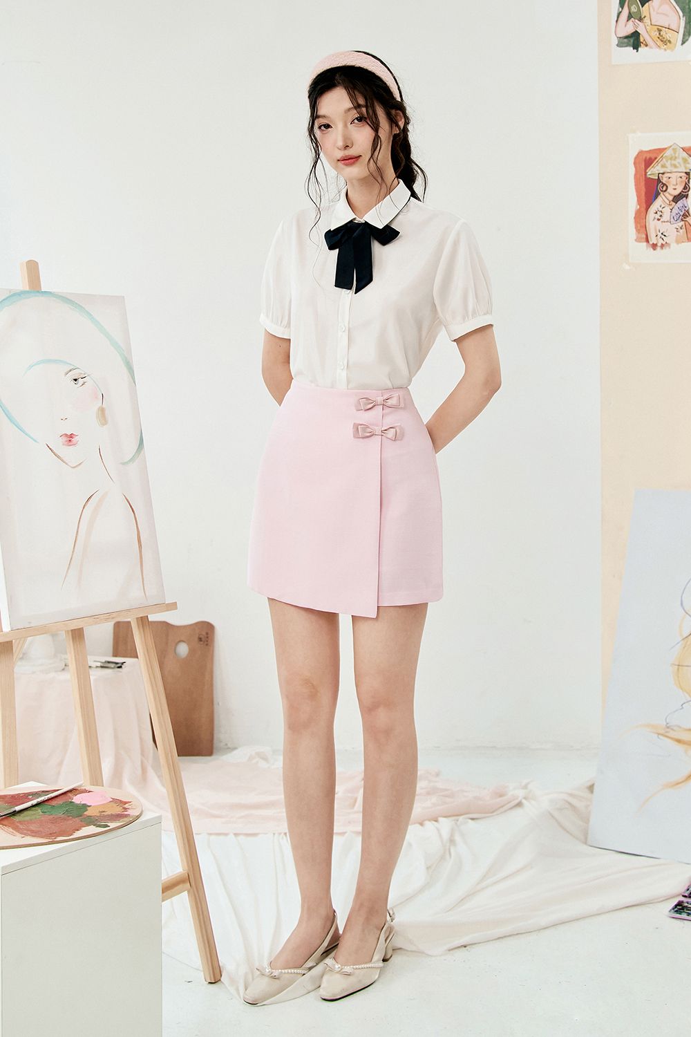 Sơ mi basic thô lụa trắng kem buộc nơ cổ