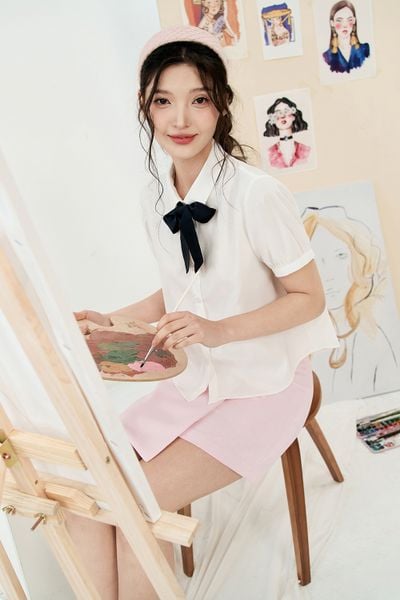 Sơ mi basic thô lụa trắng kem buộc nơ cổ