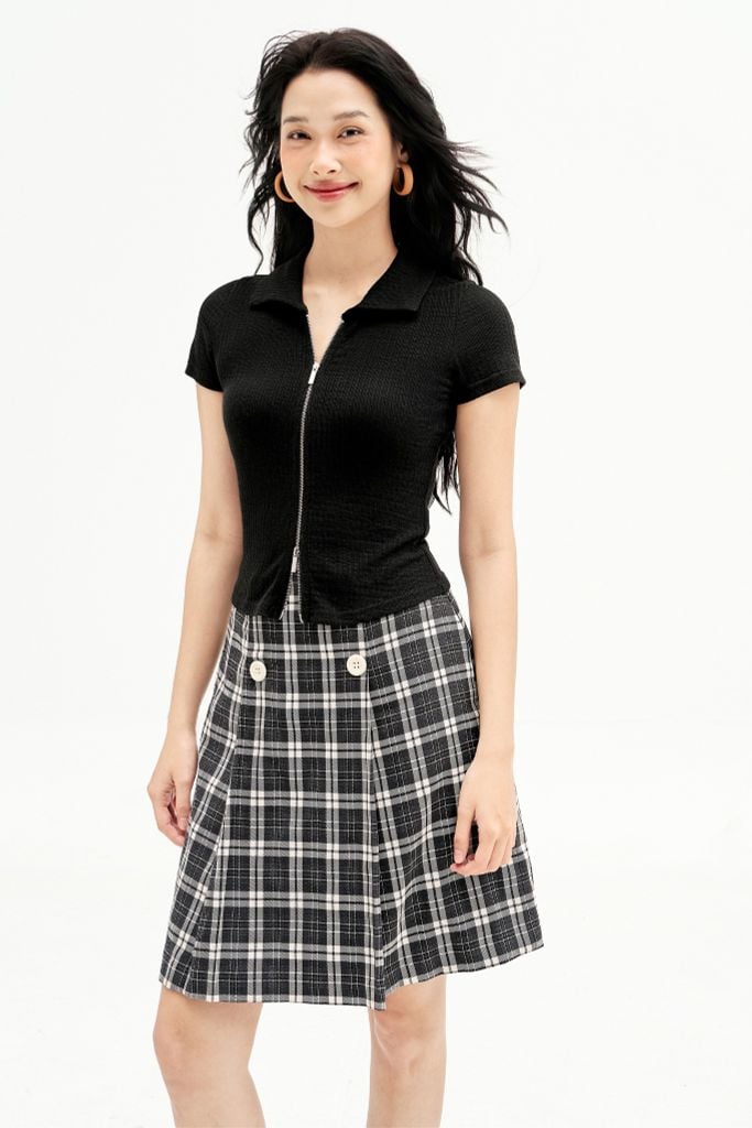 Chân váy midi karo xám xếp ly sườn