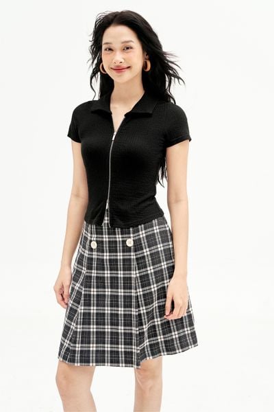Chân váy midi karo xám xếp ly sườn