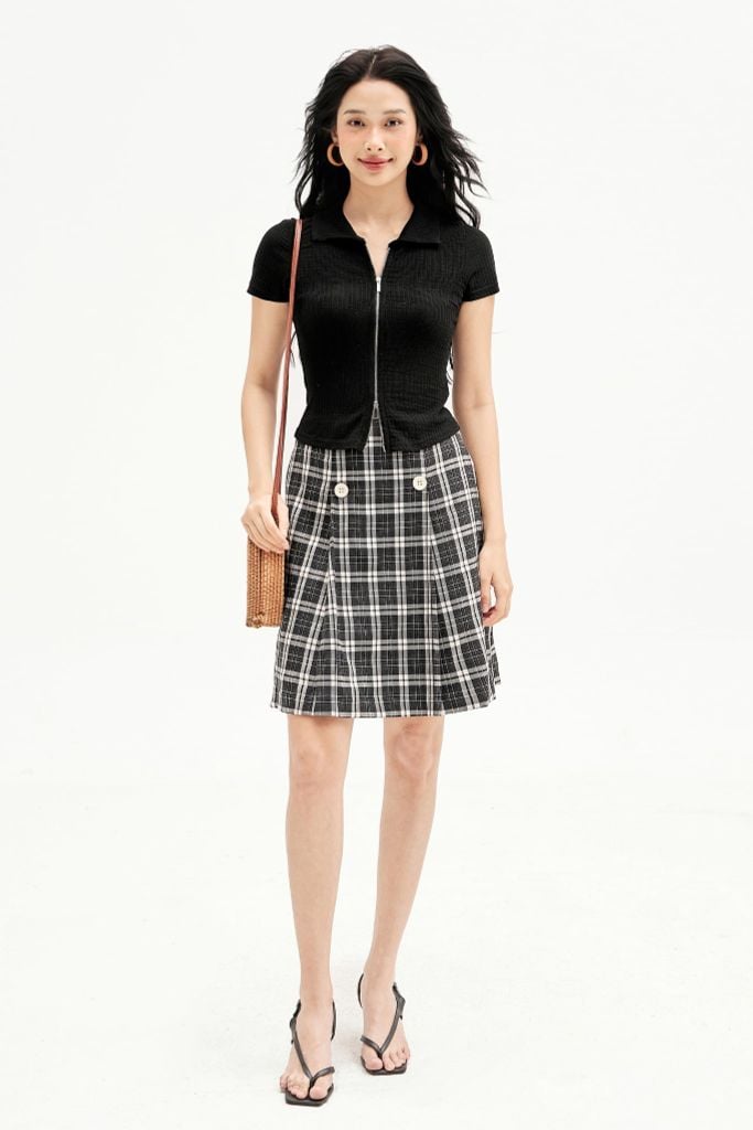 Chân váy midi karo xám xếp ly sườn