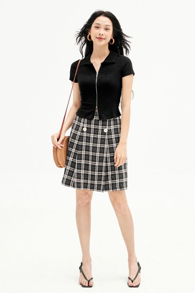 Chân váy midi karo xám xếp ly sườn
