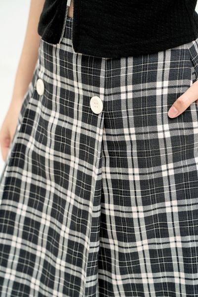 Chân váy midi karo xám xếp ly sườn