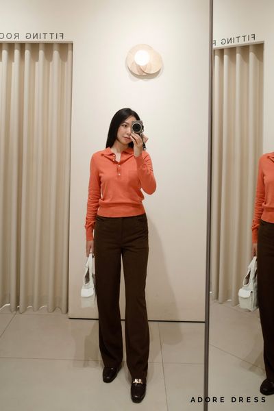 Áo polo khuy cổ len dệt cam