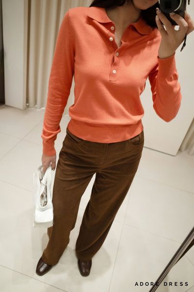 Áo polo khuy cổ len dệt cam