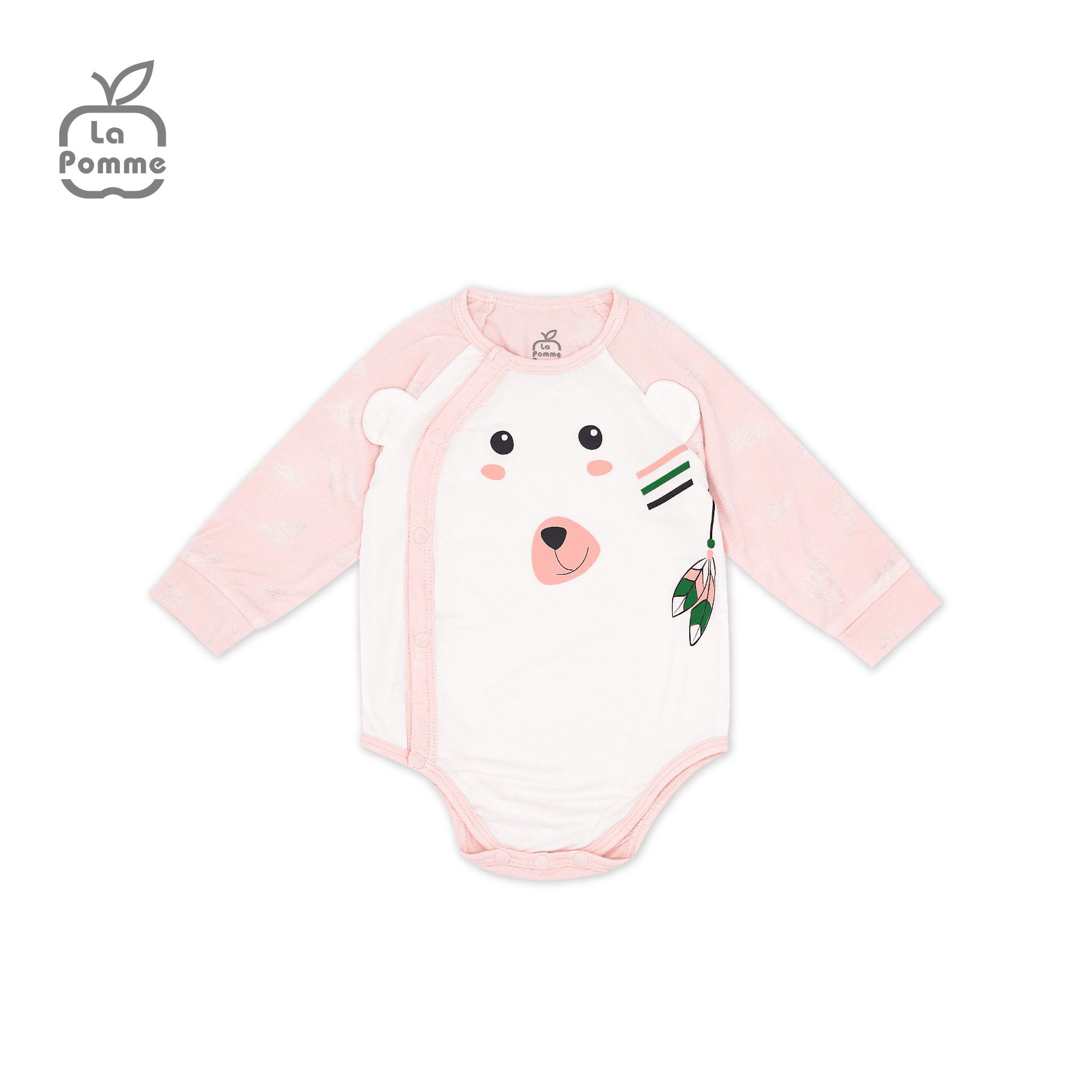  Body chip dài tay La Pomme cúc lệch Teddy Bear - Hồng trắng 