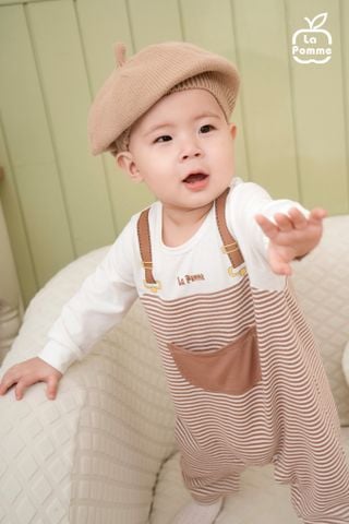  Bộ yếm liền dài tay La Pomme kẻ ngang 