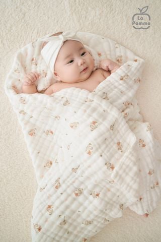  Khăn đa năng Xô Muslin 6 Lớp La Pomme họa tiết (100x100cm) - Trắng (Little House) 