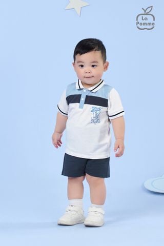  Bộ cộc tay Polo La Pomme phối sọc năng động - Trắng (Xanh) 