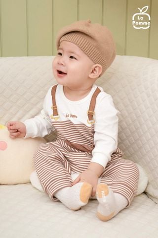  Bộ yếm liền dài tay La Pomme kẻ ngang 