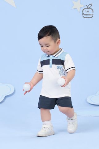  Bộ cộc tay Polo La Pomme phối sọc năng động - Trắng (Xanh) 