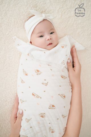  Khăn đa năng Xô Muslin 6 Lớp La Pomme họa tiết (100x100cm) - Trắng (Little House) 