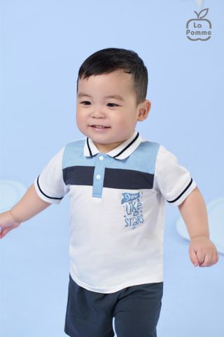  Bộ cộc tay Polo La Pomme phối sọc năng động - Trắng (Xanh) 