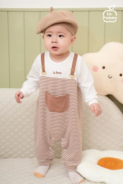  Bộ yếm liền dài tay La Pomme kẻ ngang 