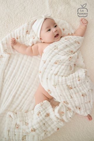  Khăn đa năng Xô Muslin 6 Lớp La Pomme họa tiết (100x100cm) - Trắng (Little House) 