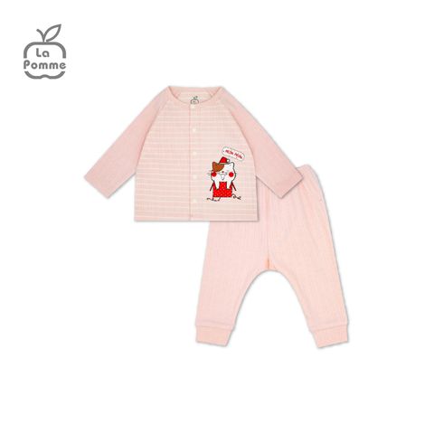  SLS058 Bộ dài tay La Pomme cúc giữa kẻ - Ghi 