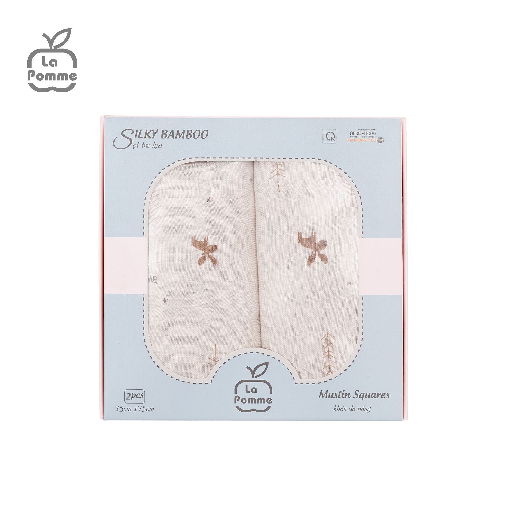  K002 Set 2 khăn sữa sợi tre lụa La Pomme - 75x75cm Hươu 