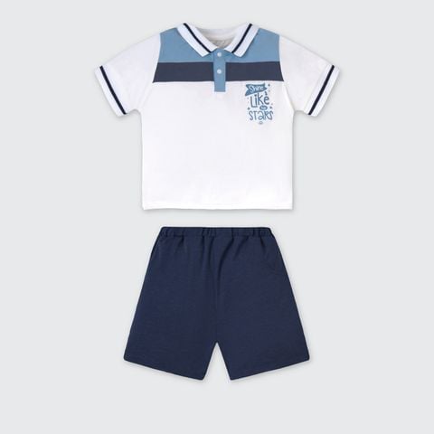  Bộ cộc tay Polo La Pomme phối sọc năng động - Trắng (Xanh) 