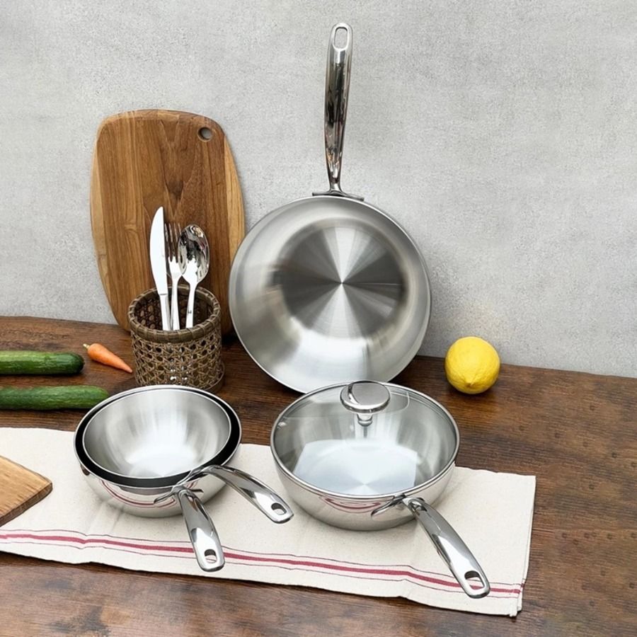 Chảo đúc sâu lòng inox 3 lớp đáy liền khối Tri-Ply Kaiyo 16/18/20/24cm - có nắp kính
