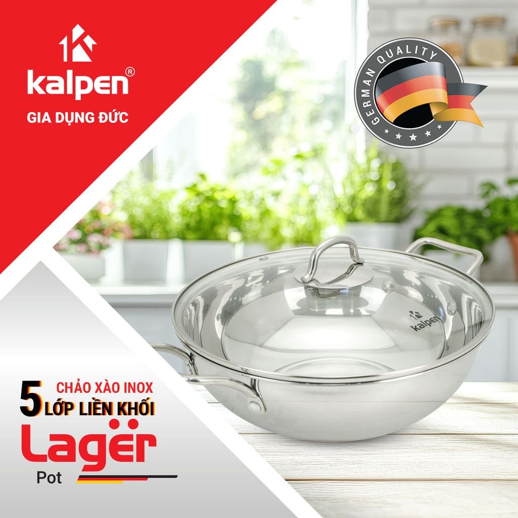 Chảo xào Inox 304 đáy từ 5 lớp liền khối Kalpen Lager LX28 28cm/ LX30 30cm/ LX32 32cm - Hàng chính hãng - Bảo hành 30 năm