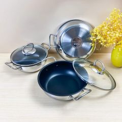 Nồi kho cá chống dính Inox 430 Fivestar 18/20/22/24/26/28cm - 3 đáy sandwich - Nắp kính - Sử dụng bếp từ