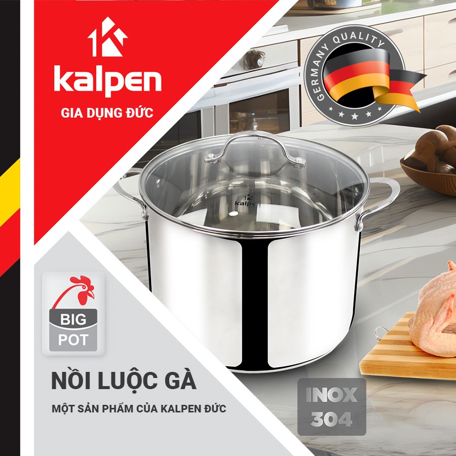 Nồi luộc gà 5 đáy Inox 304 cao cấp Kalpen Lermat L28 28cm / L30 30cm