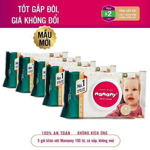 Combo 5 gói Khăn ướt Mamamy 100 tờ, không mùi, có nắp