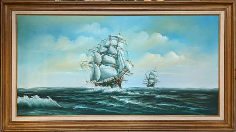  Bức tranh miêu tả vẻ đẹp của những con tàu giữa đại dương mênh mông, có chữ ký của tác giả ( TR 70) 