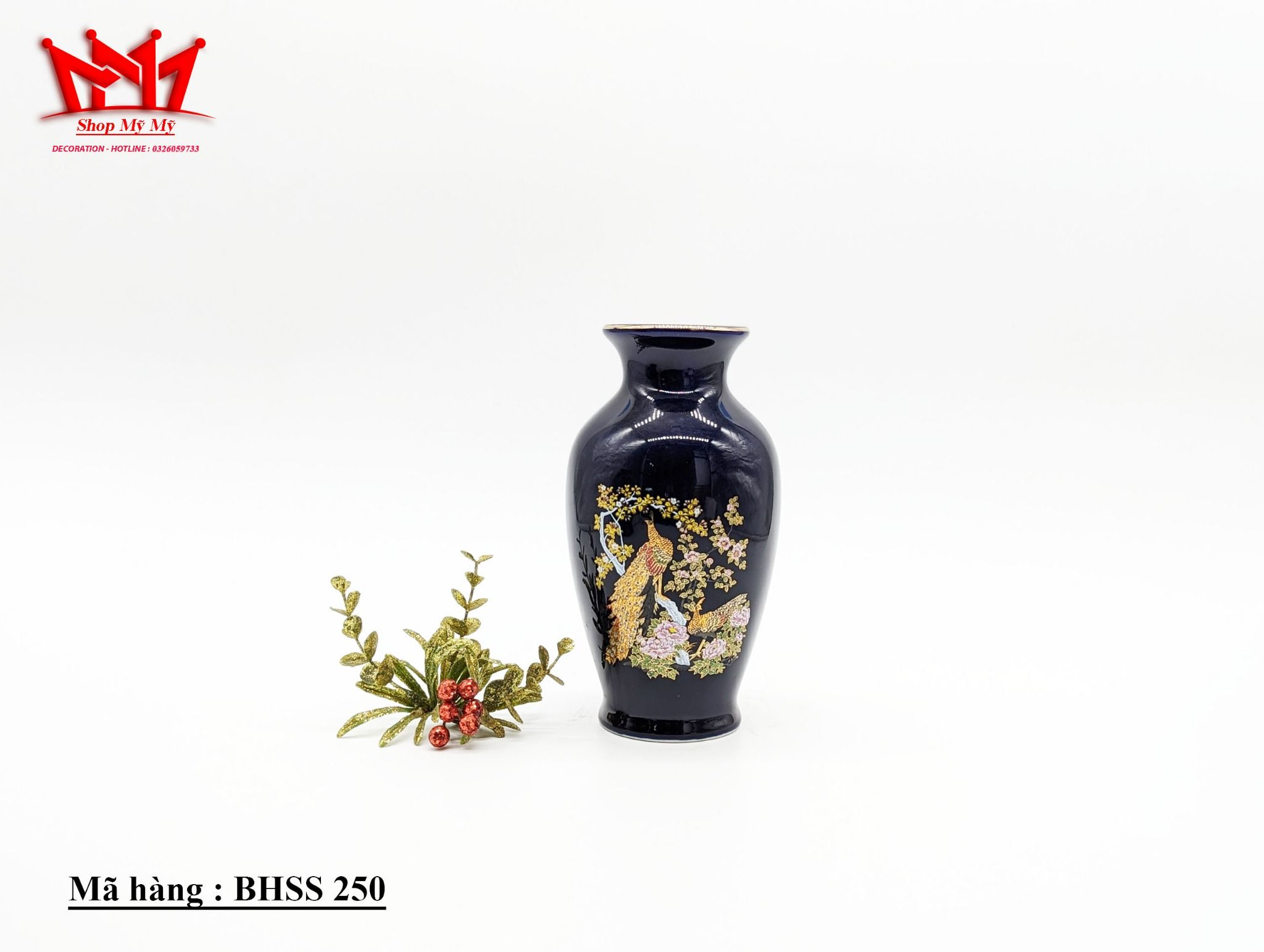 Bình trang trí sành sứ họa tiết chim công vàng nổi bật  (250)