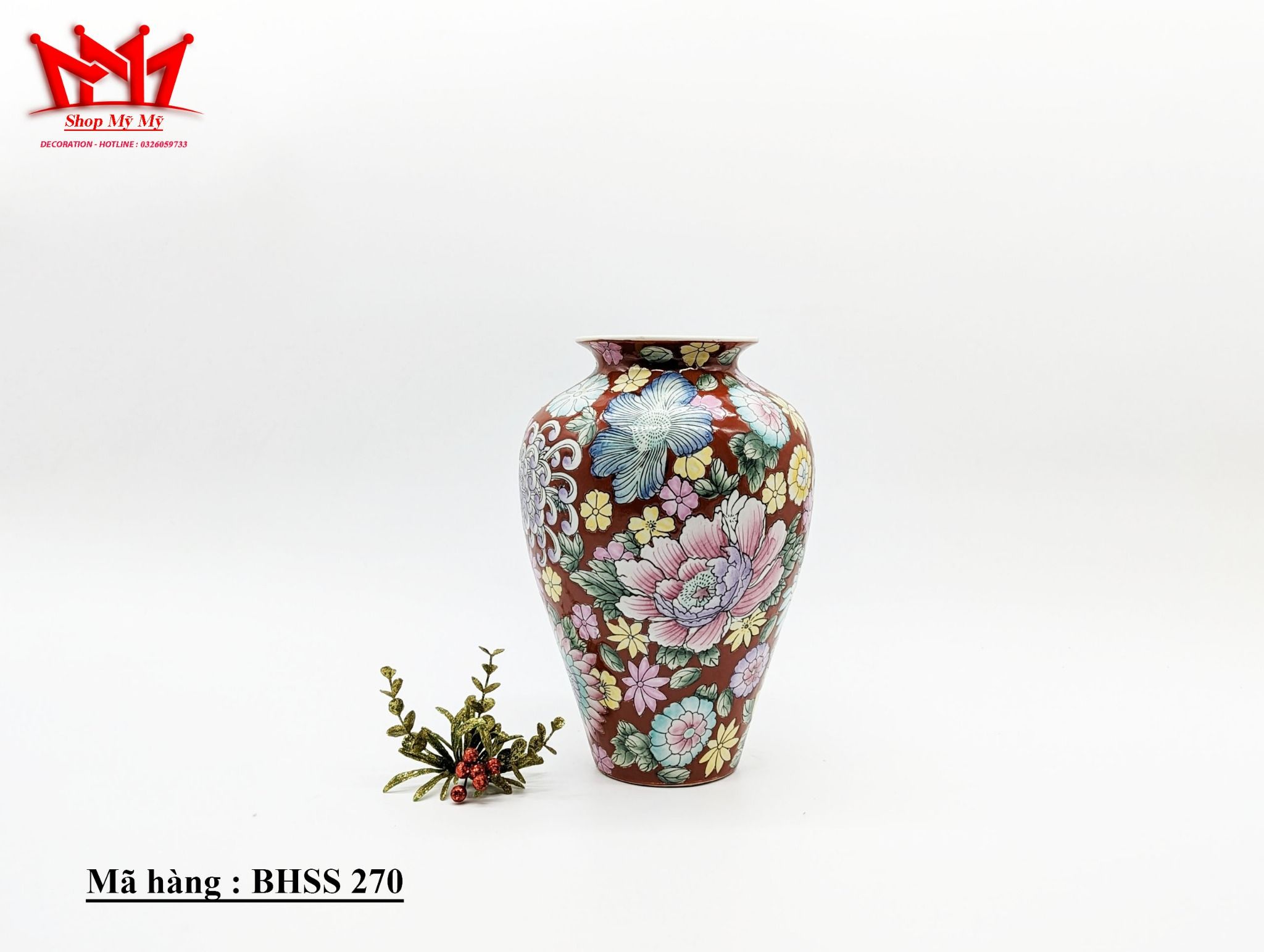 Bình trang trí sành sứ họa tiết hoa sắc xảo trên nền đỏ(270)