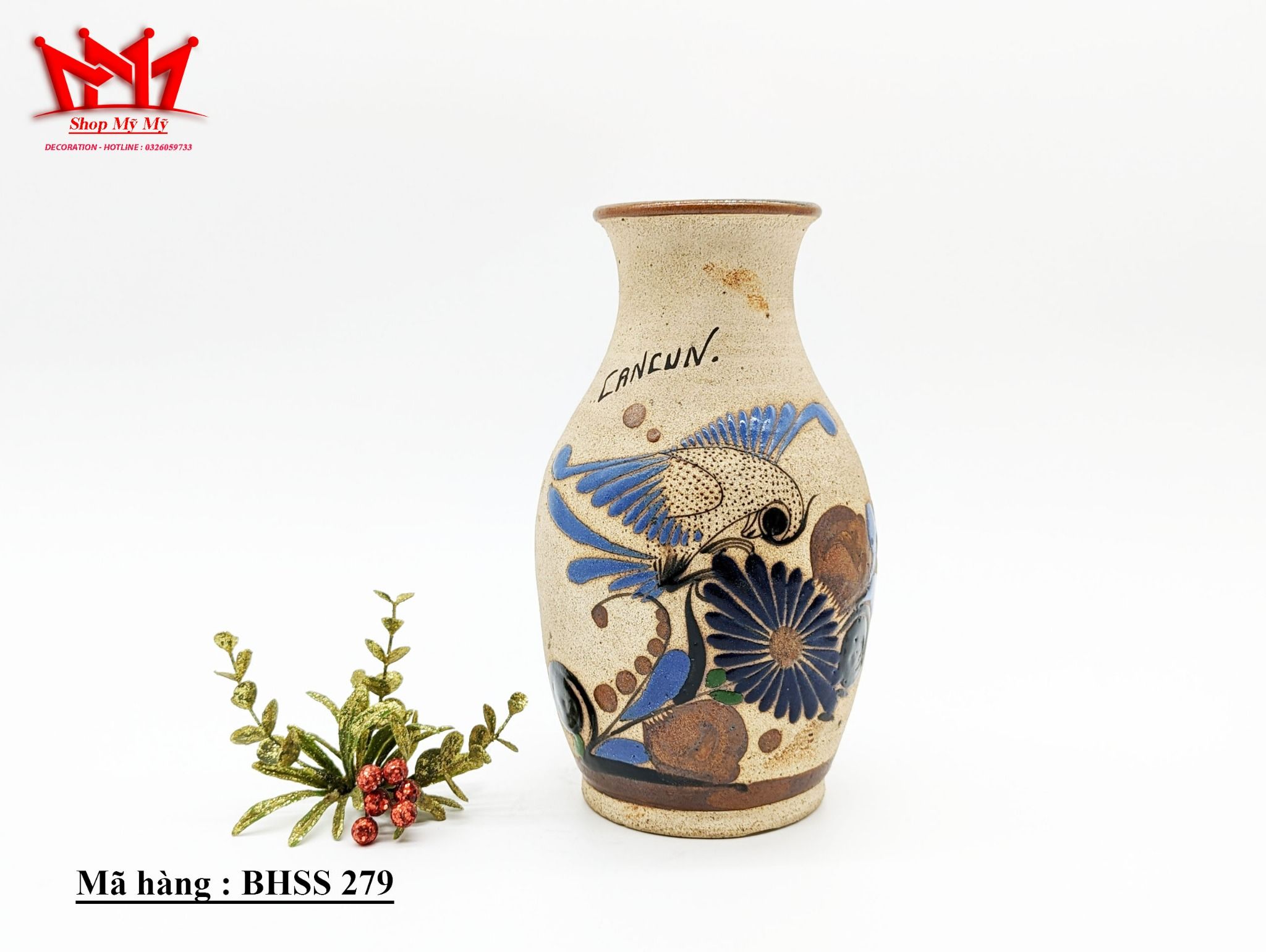 Bình trang trí sành sứ họa tiết chú chim trên cành hoa(279)