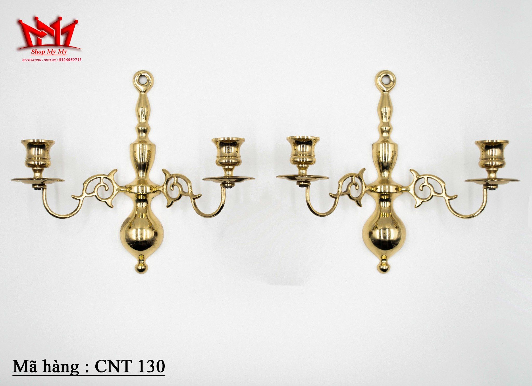 Cặp chân nến trang trí treo tường 2 nhánh bằng đồng vàng