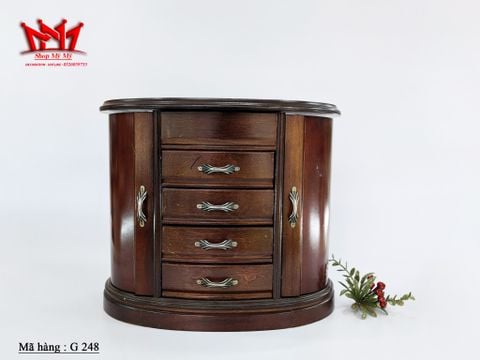  Hộp đựng đồ trang sức bằng gỗ óc chó, thiết kế bo tròn, gương bên trong, kiểu thẳng đứng, tay cầm trang trí. 