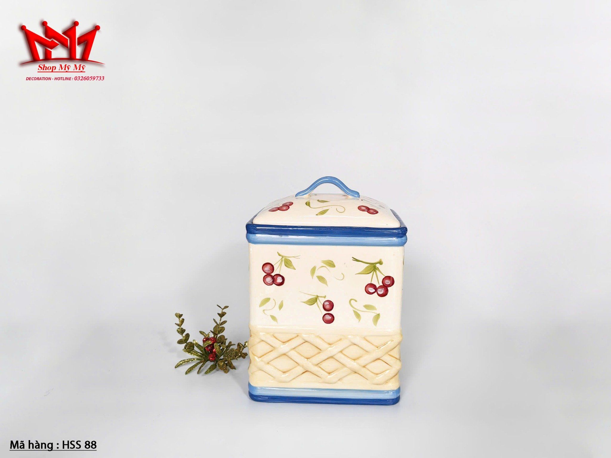 Hũ đựng bánh quy bằng gốm sứ vẽ tay họa tiết quả anh đào Vintage Inspirado.