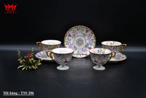  Bộ 4 tách sứ tráng men Royal Sealy cổ điển có họa tiết hoa, lá và viền vàng 