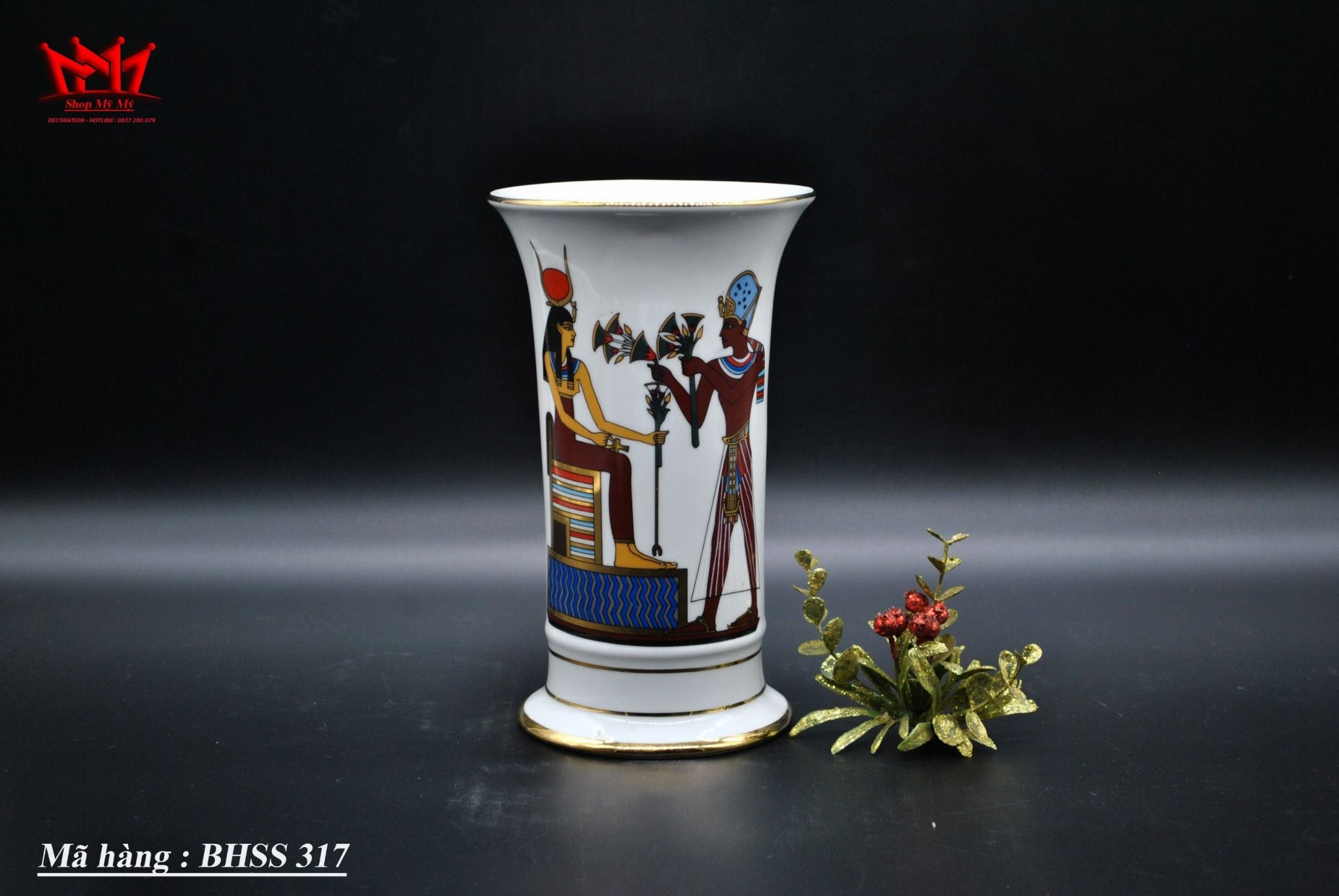 Bình sành sứ hình trụ họa tiết Ai Cập cổ đại