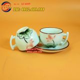 Chén men kem - Cho bộ ấm chén dáng bưởi cành vẽ sen hồng