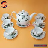 Bộ ấm chén sứ trắng Bát Tràng cao cấpvẽ tre