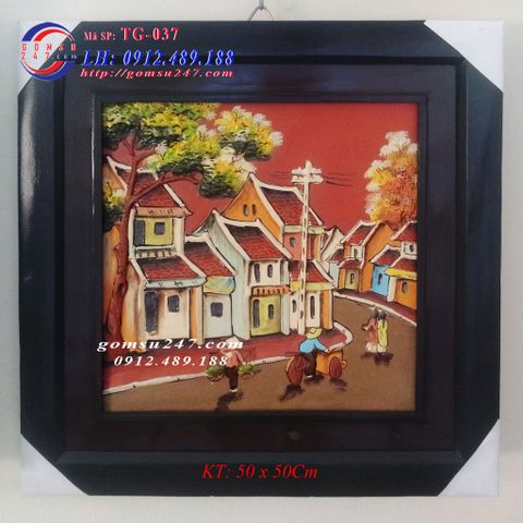 Tranh gốm sứ Bát Tràng cảnh phố cổ - Kích thước 50x50 Cm