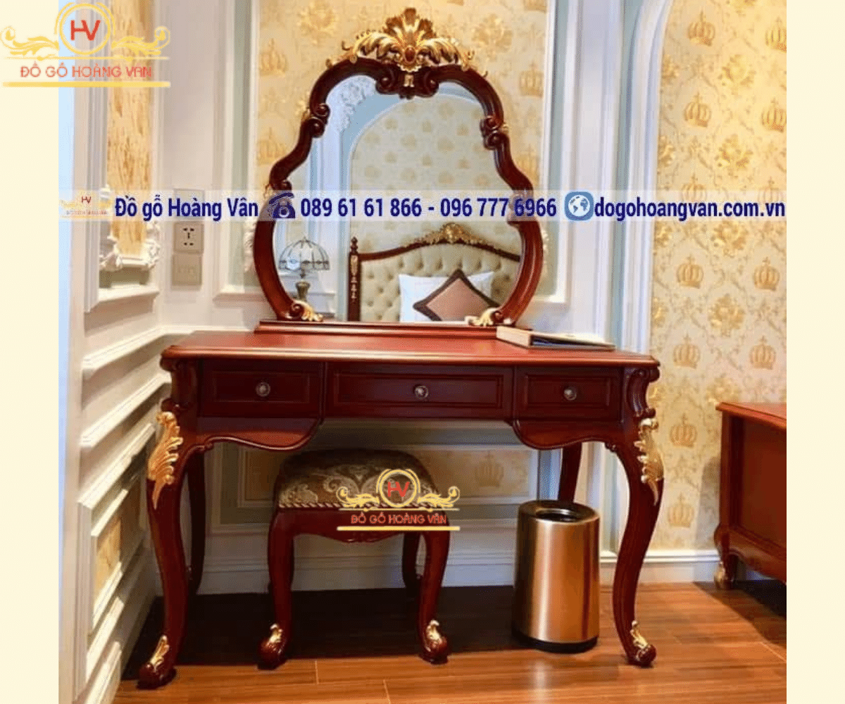 Mẫu Bàn trang điểm tân cổ điển dát vàng BTĐ71 – Đồ gỗ Hoàng Vân