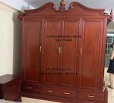 Mẫu TỦ ÁO ĐẸP, Tủ Áo 3 Buồng 4 Cánh Gỗ Gõ Đỏ TA14