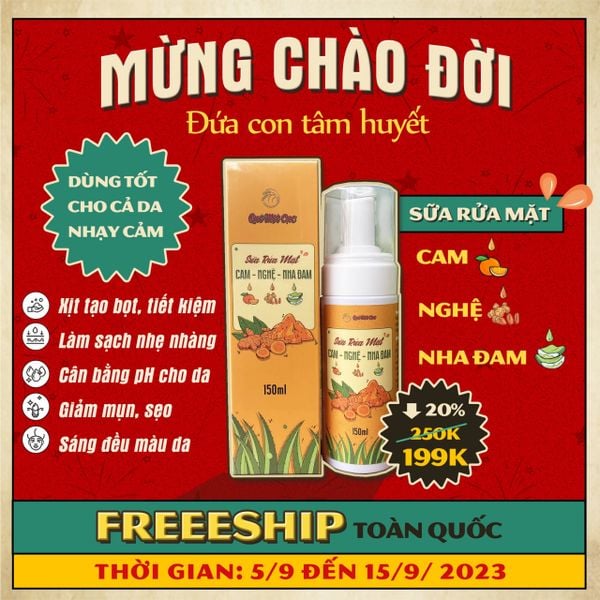  Sữa rửa mặt nghệ, nha đam, cam ngăn mụn, sẹo, làm sáng đều màu và cân bằng PH, Quê Một Cục, 150ml (dạng bọt) 