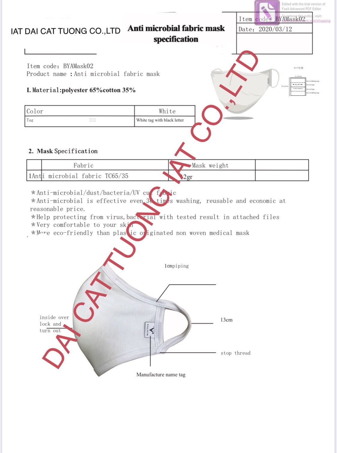 Vietnam Anti - microbial Fabric Mask