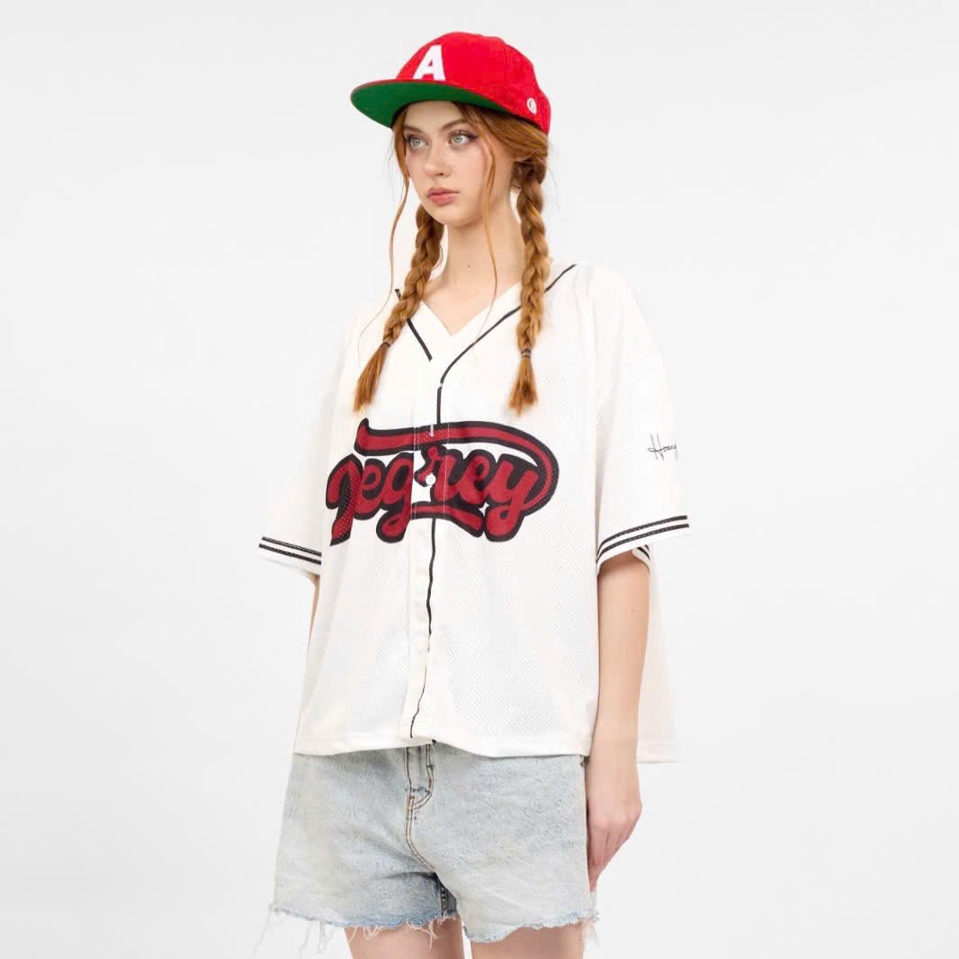  Áo khoác sơmi Jersey Degrey Baseball form rộng màu trắng - BASET 