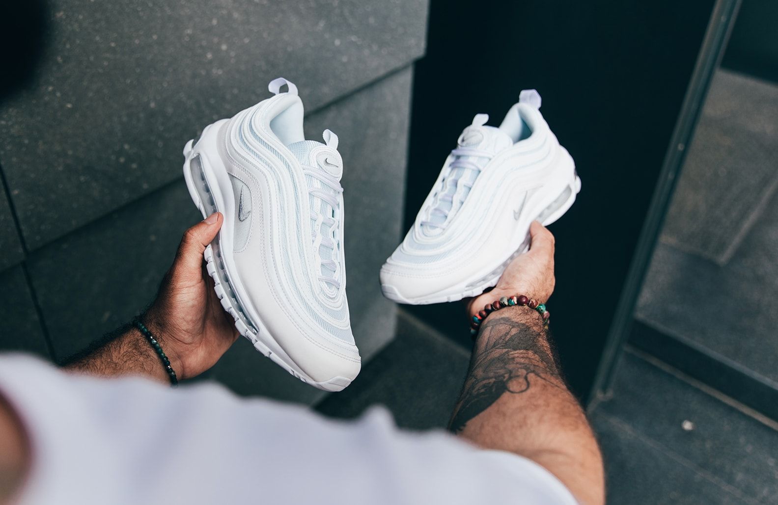 air max 97 triple white wolf grey on feet