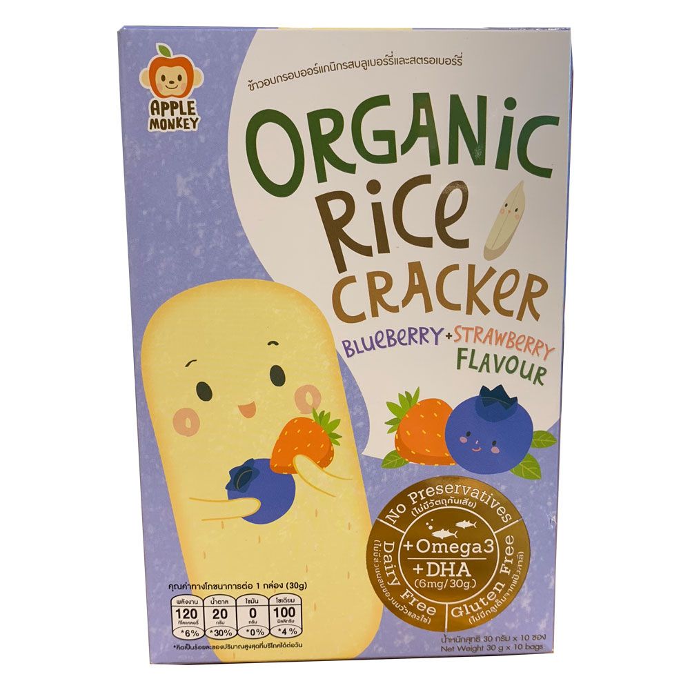Org Rice Cracker Blueberry, Strawberry Flavour Apple Monkey 30G- ORG RICE CRACKER BLUEBERRY, STRAWBERRY FLAVOUR APPLE MONKEY 30G