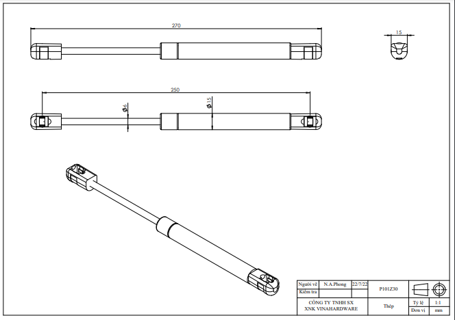 Ben hơi dài 270mm, đầu nhựa-P60T