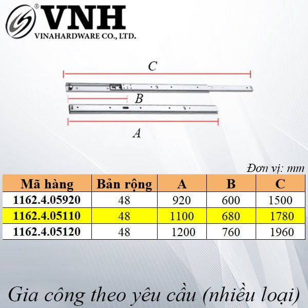 Ray trượt bàn trượt bên Vinahardware, bản 48mm, có khóa, không khóa VNH